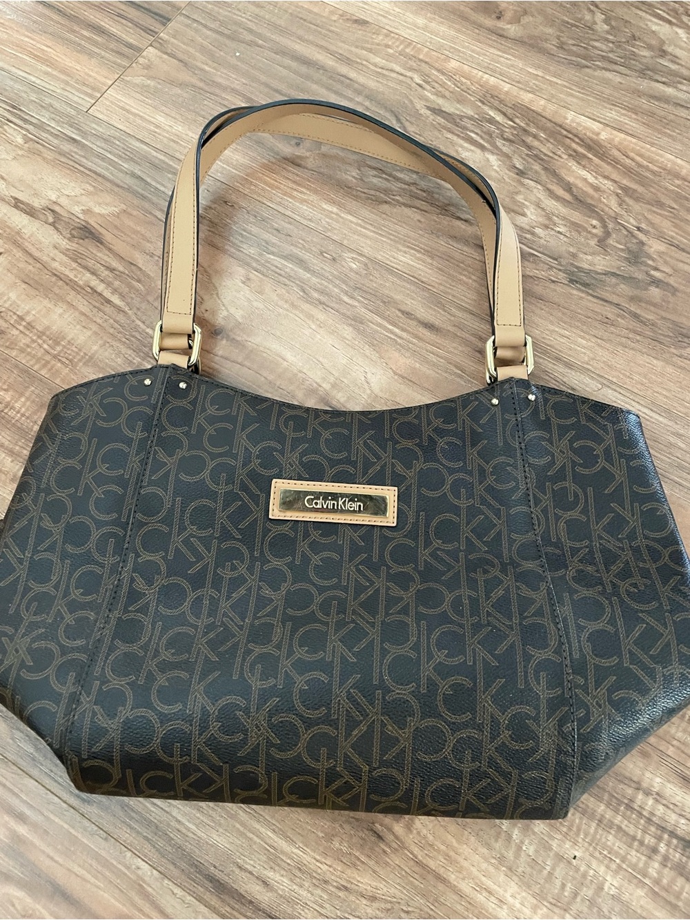 Calvin Klein Dark Brown Monogram Shoulder Tote with Tan Handles